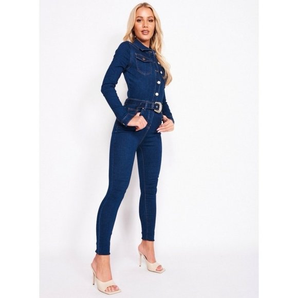 Blue Denim Jeans Long Sleeve Belted Bodycon Jumpsuit Playsuit - Picture 3 of 13